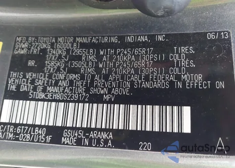 2013 Toyota Highlander Se V6 из США, поврежденный, VIN 5TDBK3EH8DS239172